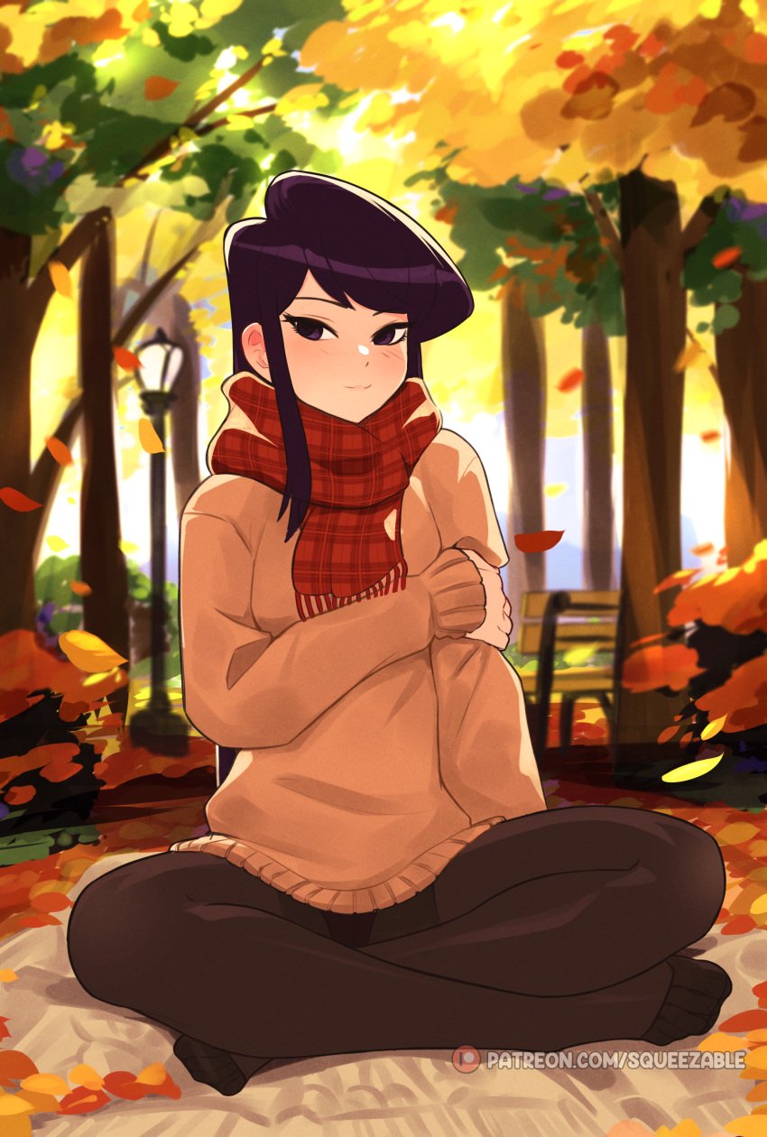 1girls autumn_leaves barefoot black_hair blush clothed crossed_legs ear_blush eyelashes fall female female_only highres komi-san_wa_komyushou_desu komi_shouko legs legwear light-skinned_female long_hair looking_at_viewer no_shoes outdoors outside panties panties_visible_through_clothing pantyhose park purple_eyes scarf sitting smile solo squeezable sweater