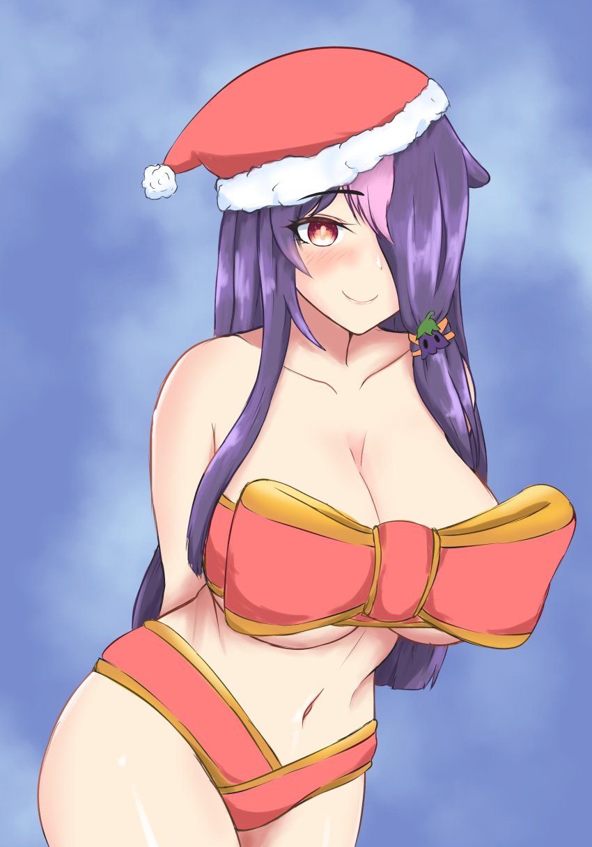 1girls bare_midriff bare_shoulders belly_button big_breasts blush bondage christmas christmas_hat cleavage covered_breasts covered_pussy hair_covering_eye hair_over_one_eye hair_over_shoulder looking_at_viewer midriff navel one_eye_covered one_eye_obstructed pink_hair purple_hair ribbon ribbon_bra sachiihappy santa_hat smile solo solo_female solo_focus tied_hair virtual_youtuber wrappings yuusachii_(vtuber)