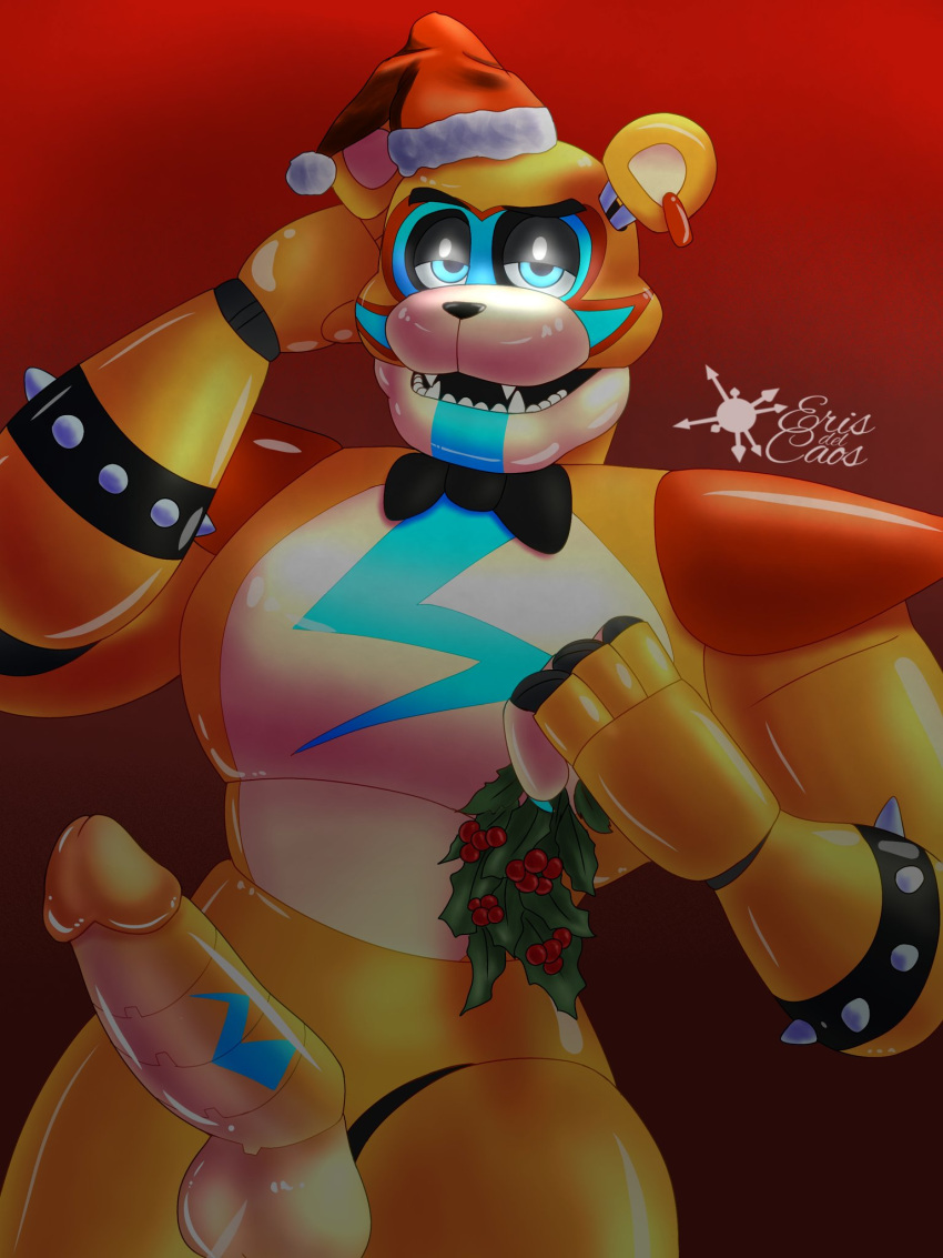 1boy 1male 2022 animatronic anthro anthro_focus anthro_only balls bear bodypaint bow_tie bowtie bracelet bright_eyes christmas christmas_hat christmas_outfit christmas_present digital_drawing digital_media_(artwork) ear_piercing earrings erect_penis erection eriserisdelcaos facepaint fangs five_nights_at_freddy's five_nights_at_freddy's:_security_breach glamrock_freddy_(fnaf) glans half-closed_eyes hand_behind_head headgear headwear holding_mistletoe holding_object humanoid_genitalia humanoid_penis looking_at_viewer machine male male_focus male_only merry_christmas mistletoe open_mouth pierced_ears piercing pov robot robotic_genitalia scottgames sharp_teeth shoulder_pads smooth_penis solo solo_focus solo_male spiked_bracelet steel_wool_studios teeth testicles watermark