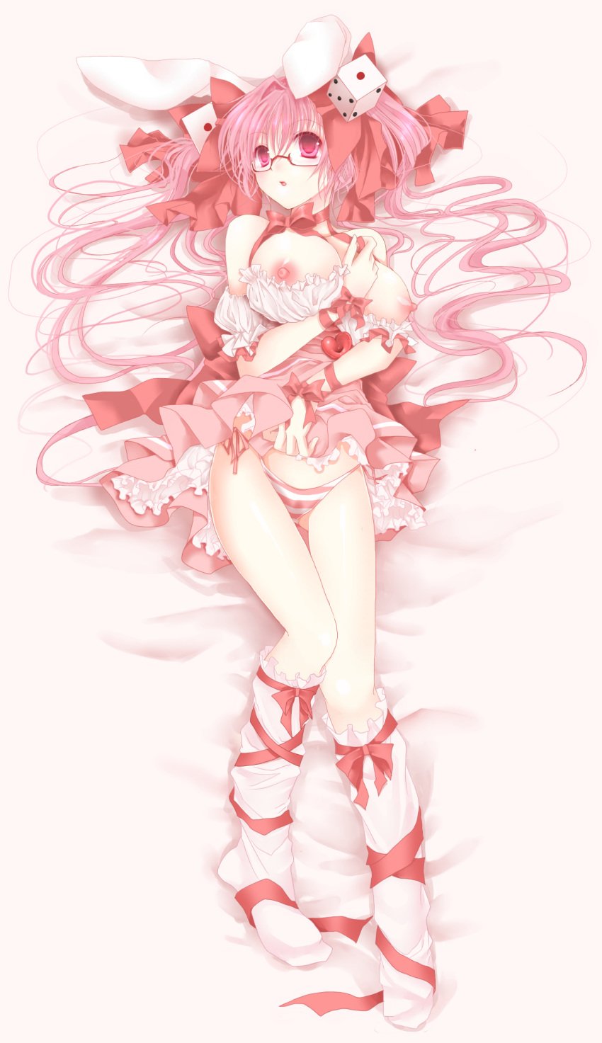 animal_ears armband blush breasts breasts_out dakimakura dakimakura_(medium) dakimakura_design di_gi_charat dice dice_hair_ornament dress female frills full_body glasses hair_ornament highres large_breasts long_hair lying nipples on_back panties pink_eyes pink_hair rabbit_ears rara419 red-framed_eyewear red_eyes ribbon side-tie_panties socks solo striped striped_panties underwear usada_hikaru