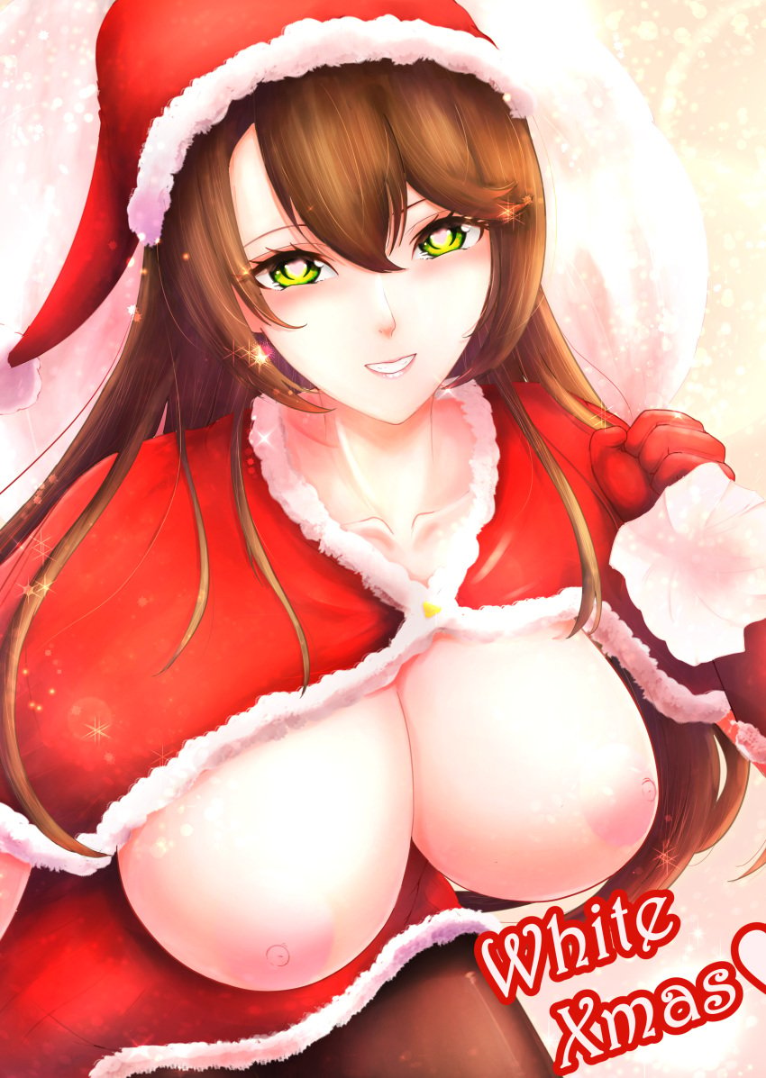 1girls big_breasts black_hair breasts brown_hair busty character_request christmas copyright_request edwardapcychu female female_only green_eyes huge_breasts looking_at_viewer nipples no_bra nude nude_female open_shirt showing_breasts showing_off torn_clothes very_high_resolution very_long_hair