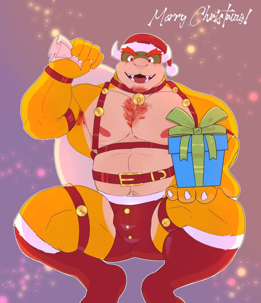 1boy armpit armpit_hair armpits big_pecs bowser chest_hair christmas christmas_clothing christmas_outfit fangs harness holding_object kneesocks male male_only mario_(series) nintendo open_mouth red_eyes sack santa_hat scalie socks solo squatting