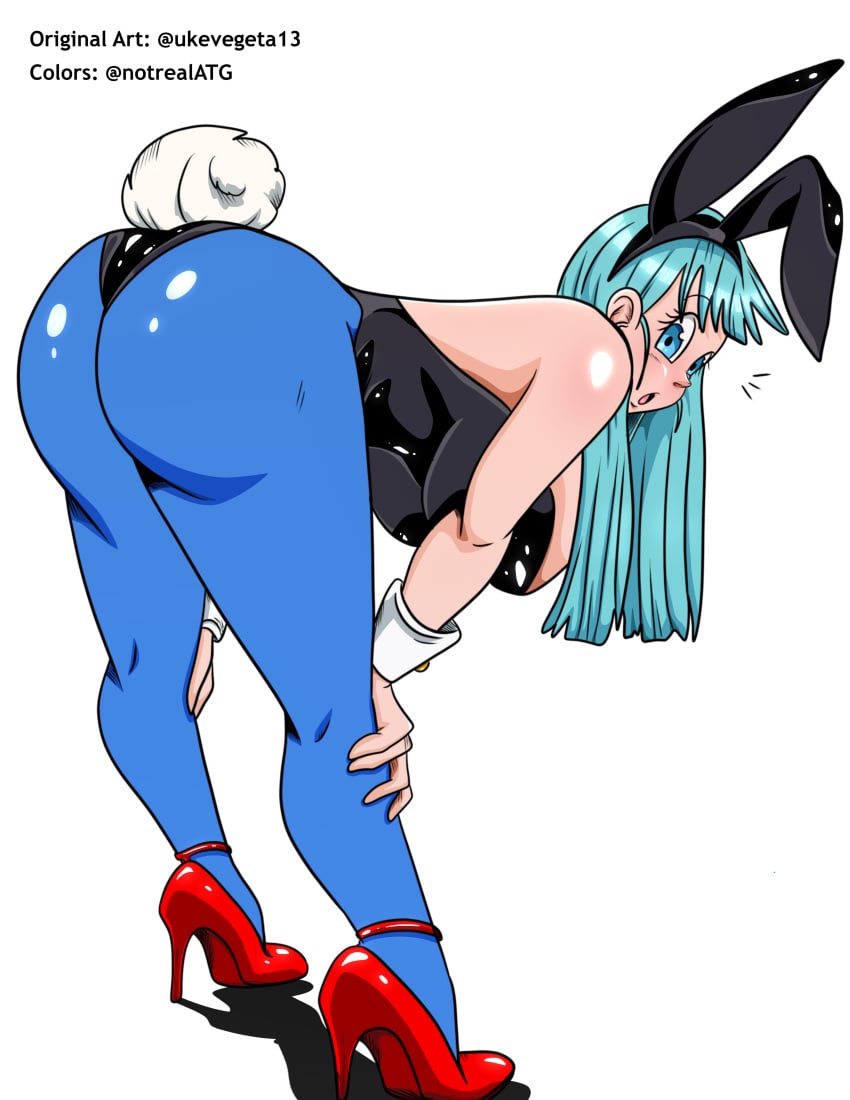 1girls 2022 ass bending_over bent_over blue_eyes bulma_(bunny) bulma_briefs bunny_ears bunny_girl bunnysuit busty cuffs dragon_ball edit female female_only hands_on_knees high_heels large_ass large_breasts leggings light-skinned_female light_skin notrealatg playboy_bunny shounen_jump simple_background slim_waist solo solo_female teal_hair teenager thick_thighs tights ukevegeta13 white_background wide_hips