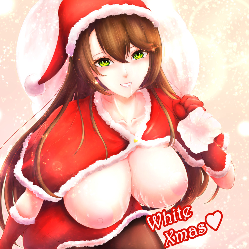 1girls big_breasts black_hair breasts brown_hair busty character_request christmas copyright_request cum cum_on_breasts edwardapcychu female female_only green_eyes huge_breasts looking_at_viewer nipples no_bra nude nude_female open_shirt showing_breasts showing_off torn_clothes very_high_resolution very_long_hair