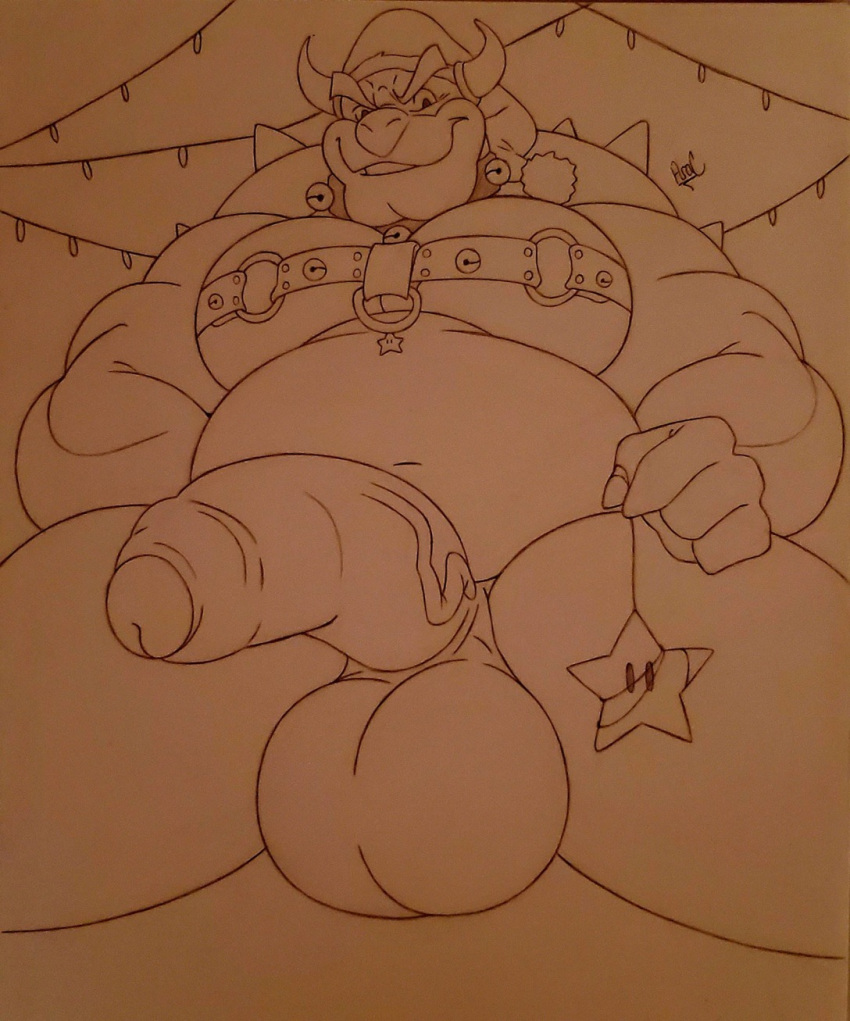 1boy ara_chibi big_balls big_belly big_pecs big_penis bowser christmas christmas_lights harness huge_cock male male_only mario_(series) monochrome nintendo ornament santa_hat scalie shell smug_face smug_grin solo star super_mario_bros. turtle