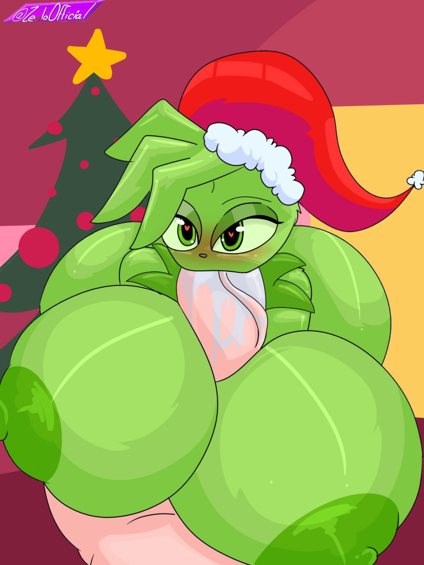 1boy 1girls big_ass big_breasts big_penis blowjob christmas_hat fellatio gigantic_breasts green_body green_skin grinch heart-shaped_pupils huge_breasts nipples paizuri rule_63 the_grinchess titjob zeglo-official