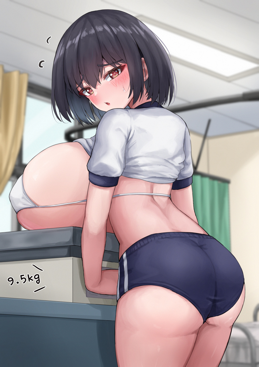 1girls ass big_breasts boo_iro breasts breasts_bigger_than_head clothing female female_only huge_breasts hyper hyper_breasts ineffective_clothing light-skinned_female light_skin measurements measuring measuring_breasts short_hair solo solo_female weighing_breasts