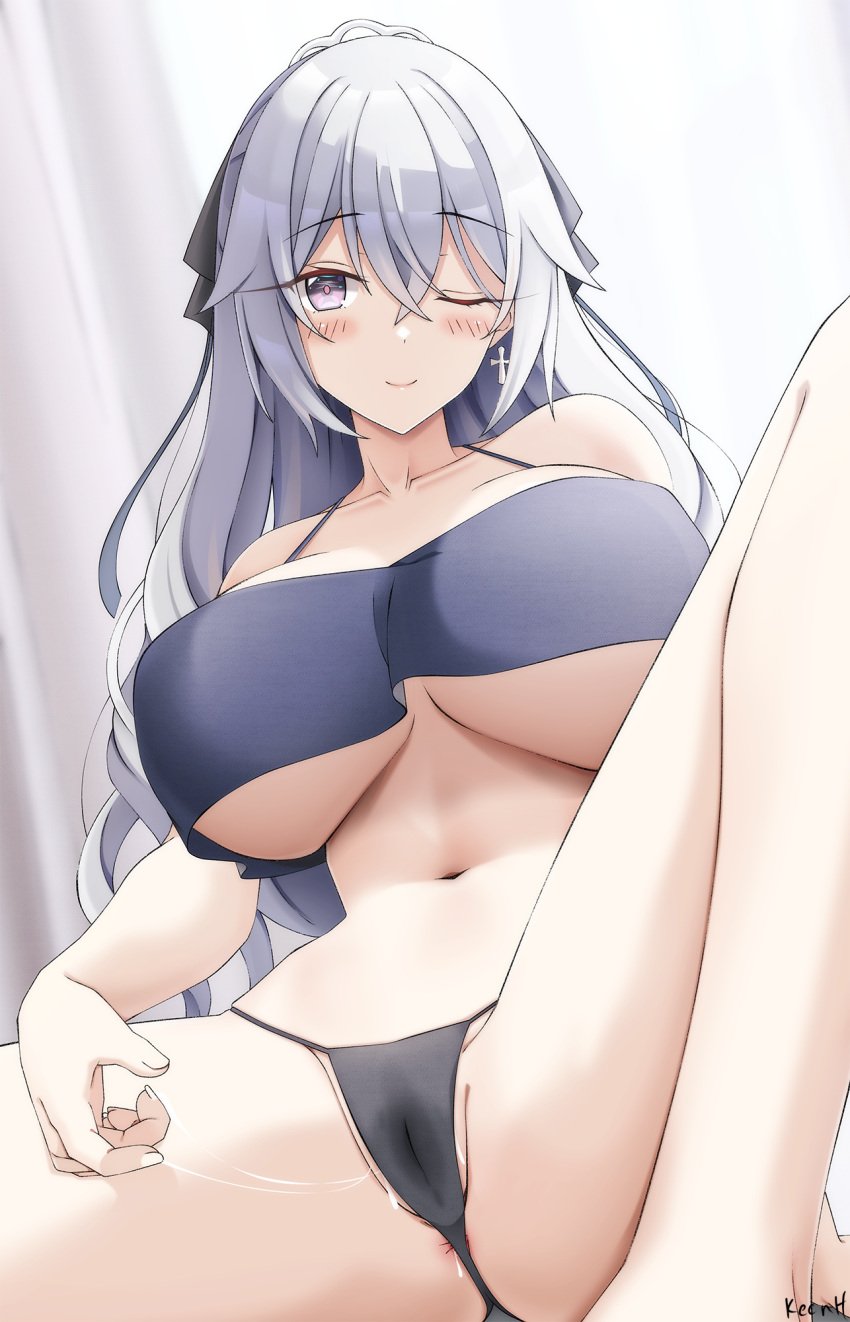 anus anus_peek artist_name bangs bare_shoulders black_panties breasts bronya_zaychik bronya_zaychik_(silverwing:_n-ex) cameltoe closed_mouth collarbone earrings female grey_hair highres honkai_(series) honkai_impact_3rd jewelry keenh large_breasts looking_at_viewer one_eye_closed panties purple_eyes pussy_juice sitting solo thighs underboob underwear