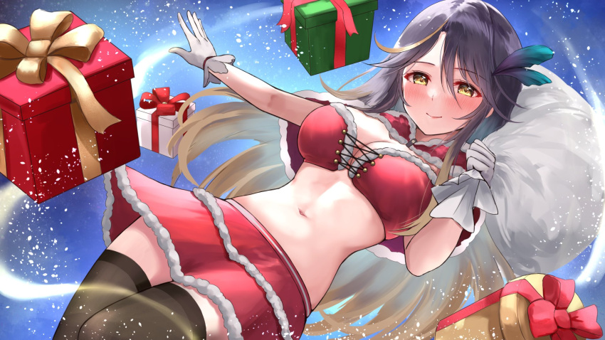 1girls belly_button blush christmas female female_only gifts gloves light-skinned_female light_skin looking_at_viewer lua_asuka production_kawaii sg_rough_(artist) smile solo stockings two_tone_hair virtual_youtuber white_gloves yellow_eyes