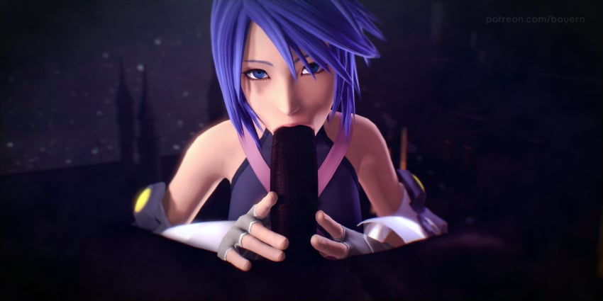 1girls aqua_(kingdom_hearts) bayernsfm black_body black_penis blowjob blue_eyes blue_hair clothed_female_nude_male dark_skin fellatio fingerless_gloves heartless kingdom_hearts pov