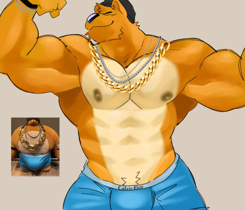 1boy abs anthro bara barazoku bear beige_fur black_nose blush boxers bracelet brown_fur bulge calvin_klein closed_eyes collar hat ice_xhan jewelry male male_only mammal meme nipples pecs pubic_hair reference_image toro_buull underwear ursid