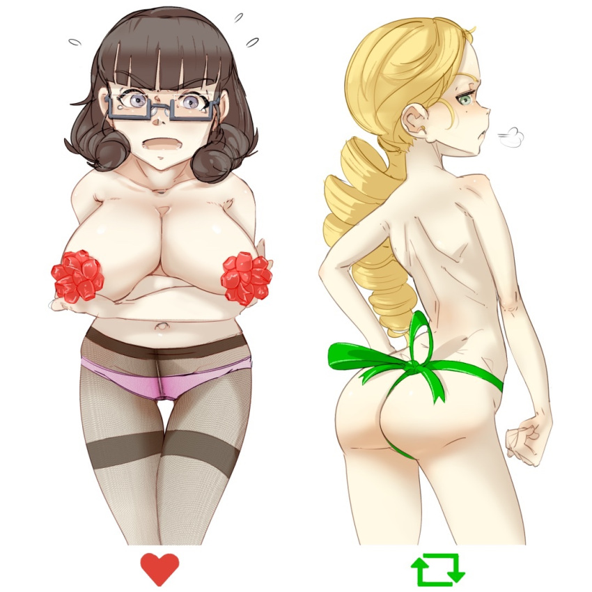 2girls big_breasts blonde_hair bow_ribbon brown_hair curled_tail curly_hair female female_only glasses green_eyes grey_eyes hands_under_breasts like_icon lingerie multiple_girls original_character pink_panties retweet_icon side_view tagme toorops