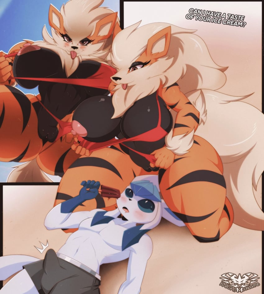 anthro arcanine big_breasts bikini bikini_aside blep breasts clothing clothing_aside eeveelution female generation_1_pokemon generation_4_pokemon genitals glaceon hi_res knightmoonlight98 male male/female nintendo nipples one_breast_out pok&eacute;mon_(species) pokemon pokemon_(species) pussy swimwear swimwear_aside thick_thighs tongue tongue_out