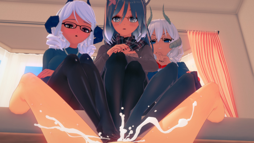 1boy 3girls blue_eyes brown_eyes brown_hair clothed_female_nude_male cum cum_on_feet dark-skinned_female dark_skin disgusted dog_ears dragon_girl feet fffm_foursome footjob footjob_with_legwear foursome glasses hair_ornament heterochromia horns joyeusevt joyhound koikatsu light-skinned_male light_skin multiple_footjob pantyhose pov two_tone_hair virtual_youtuber white_hair