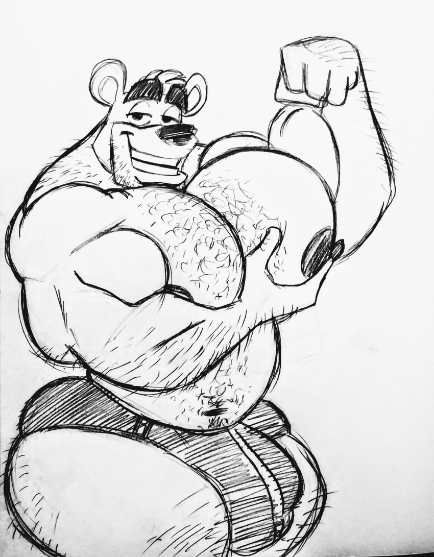 anthro ass bara bara_tits bear biceps big_ass big_ass_(male) big_butt big_chest big_nipples big_pecs big_pectorals black_underwear bulge butt chest flexing flexing_bicep fredrick_(lynnsdarkside) furry groping_breasts groping_pecs hairy hairy_chest hairy_male happy_trail hyper_muscles lynnsdarkside male_only manly muscular oc original_character pecs pectorals sketch smiling smirking thick_eyebrows