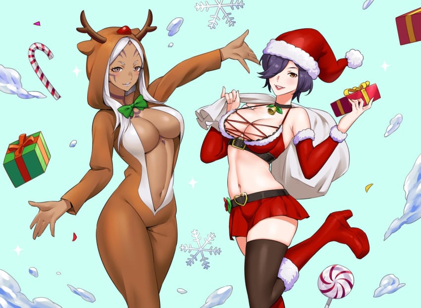 2girls alternate_costume alternate_version_available animal_costume animal_hood aversa_(fire_emblem) bell_collar belly blue_background boots bow bowtie breasts candy candy_cane center_opening christmas christmas_bikini christmas_outfit cleavage dark-skinned_female dark_skin female female_only fire_emblem fire_emblem_awakening fire_emblem_heroes food fur fur_trim gift green_bow green_bowtie hat highres holding holding_gift hood igni_tion intelligent_systems kiran_(female)_(fire_emblem) kiran_(fire_emblem) kiran_(fire_emblem)_(female) large_breasts light-skinned_female light_skin looking_at_viewer multiple_girls navel nintendo partially_unzipped plain_background present purple_hair reindeer_costume reindeer_hood revealing_clothes sack santa_costume santa_hat skirt smile snow snowflake snowflakes thick_thighs white_hair