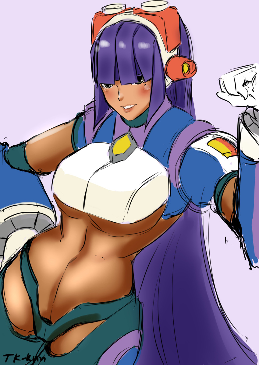 1girls android big_breasts blush breasts dark-skinned_female layer long_hair mega_man mega_man_x mega_man_x_dive panties purple_hair robot_girl smile tagme thong tk underboob wide_hips