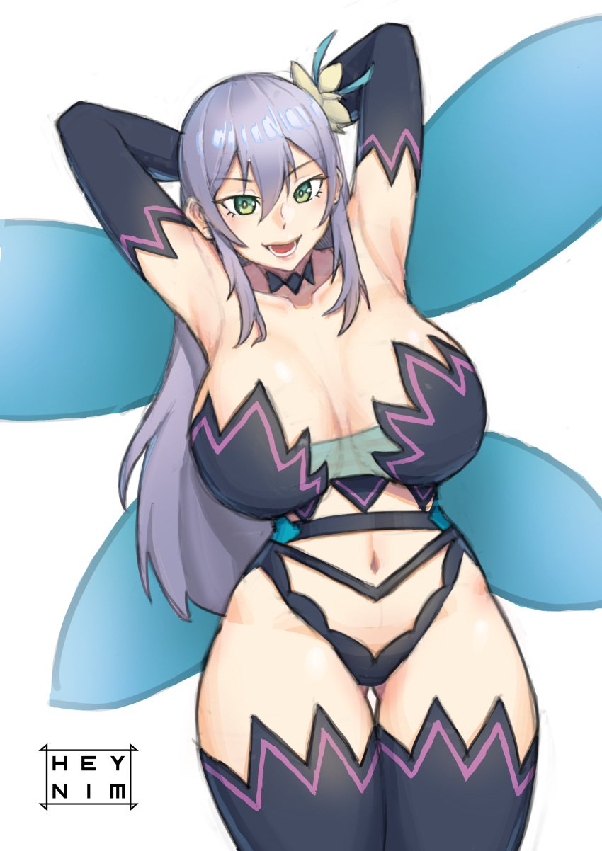 big_breasts black_thighhighs breasts busty cleavage collarbone fairy fairy_wings female female_only kisaragi_reona kyuukyoku_shinka_shita_full_dive_rpg_ga_genjitsu_yori_mo_kusoge_dattara large_breasts long_hair png purple_eyes revealing_clothes thighhighs very_long_hair voluptuous white_hair wings