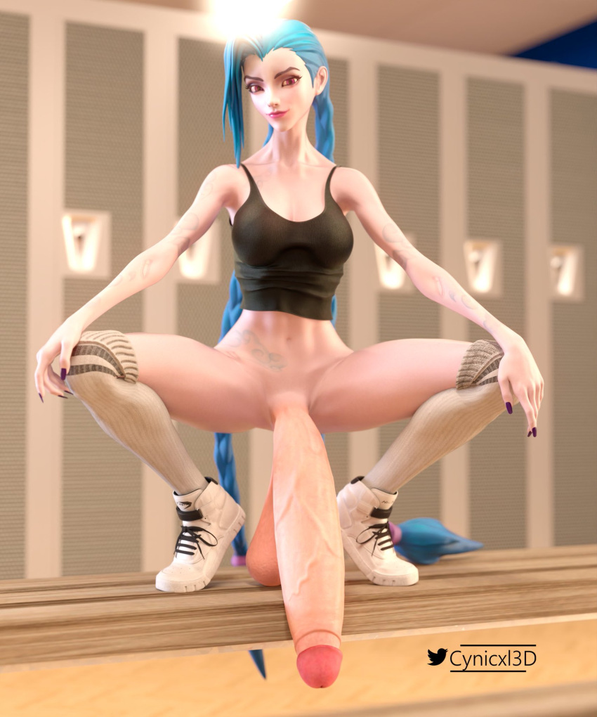 3d big_balls big_penis clothed cynicxl3d daz3d daz_studio flaccid flaccid_penis futanari jinx_(league_of_legends) league_champions_korea league_of_legends penis saggy_balls shoes skinny socks thigh_socks thighhighs white_socks