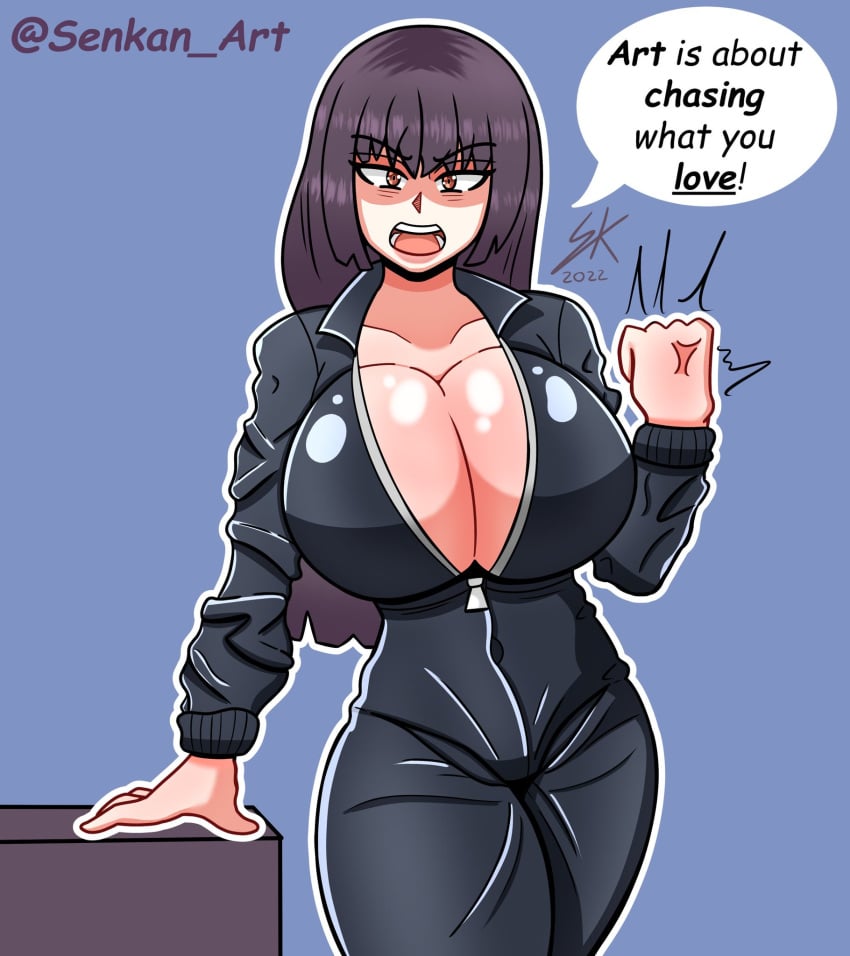 1girls alternate_version_available angry angry_face big_breasts breasts cleavage clothed clothing curvy english_text female_focus female_only hand_on_table inner_sideboob long_hair looking_at_viewer please_don't_bully_me,_nagatoro president_(nagatoro) purple_hair red_eyes revealing_clothes sana_sunomiya senkan_art solo text vein watermark wide_hips