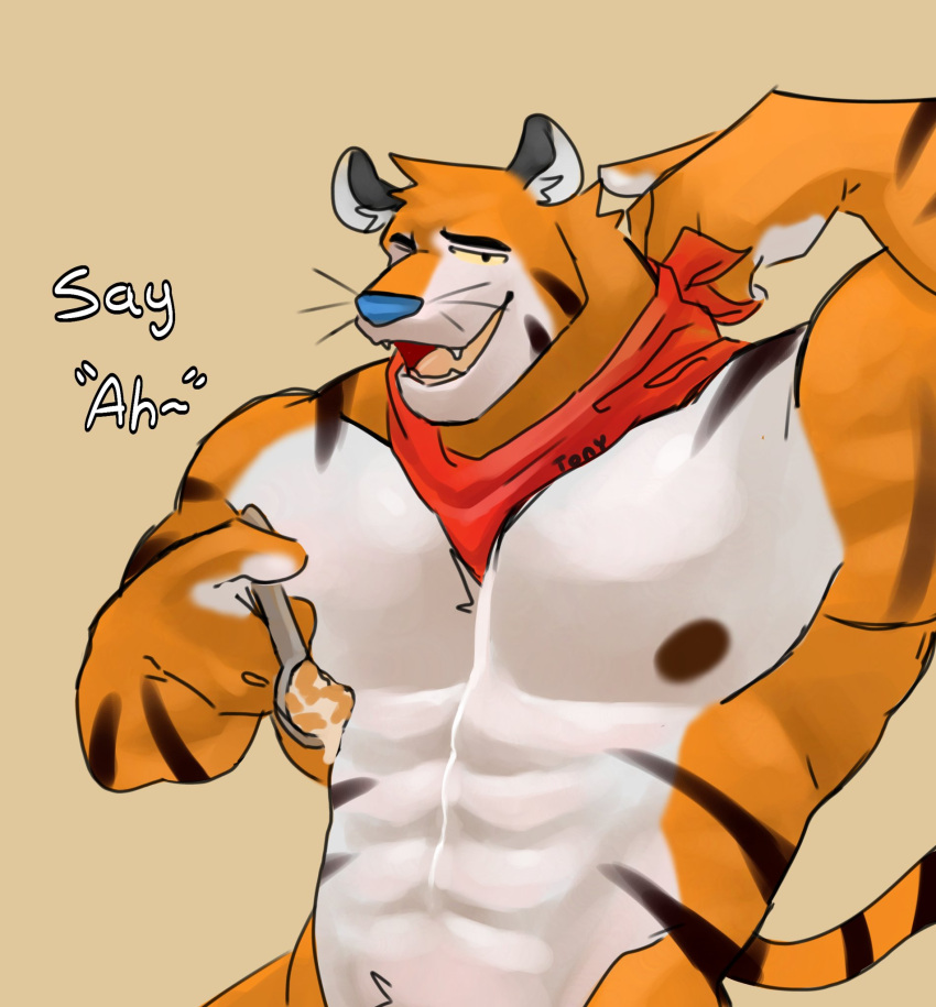 1boy anthro bara blue_nose cereal cum felid feline felis furry ice_xhan kellogg's male male_focus male_only mammal muscular muscular_male nipples orange_fur scarf spoon striped_fur stripes text tiger tony_the_tiger toro_buull white_fur