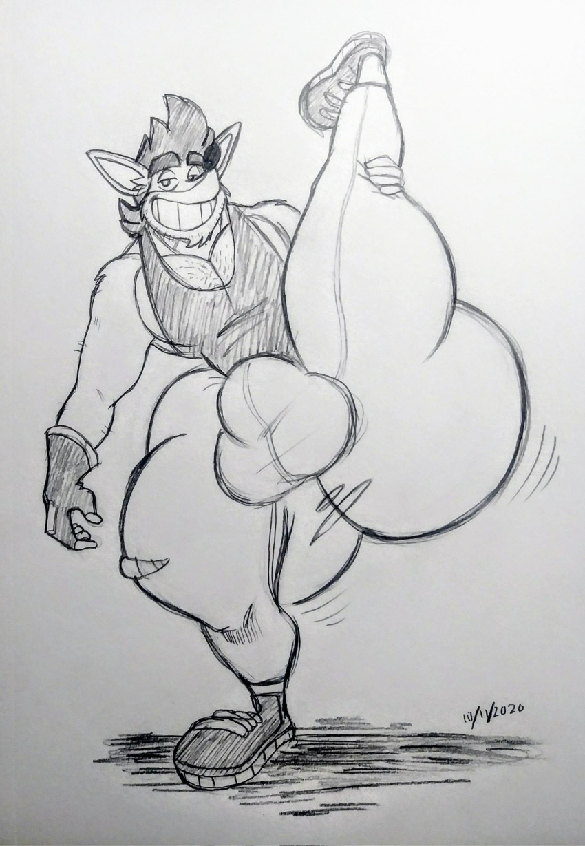 big_ass big_bulge bulge chest_hair crash_(series) facial_tuft fingerless_gloves gloves hairy_chest hyper hyper_ass lifting_leg looking_at_viewer lynnsdarkside male_only manly monochrome muscular oc one_leg_up original_characters presenting ripped_clothing ripped_pants sketch smirk tank_top thick_eyebrows