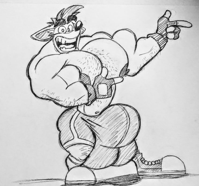 1boy ass biceps big_bulge big_muscles bulge bulge_through_clothing crash_(series) crash_bandicoot fingerless_gloves grinning hairy hairy_male hyper_bulge hyper_muscles lynnsdarkside male_only manly monochrome nipples pants_only pointing shorts_only sketch solo thick_eyebrows toothy_grin video_games