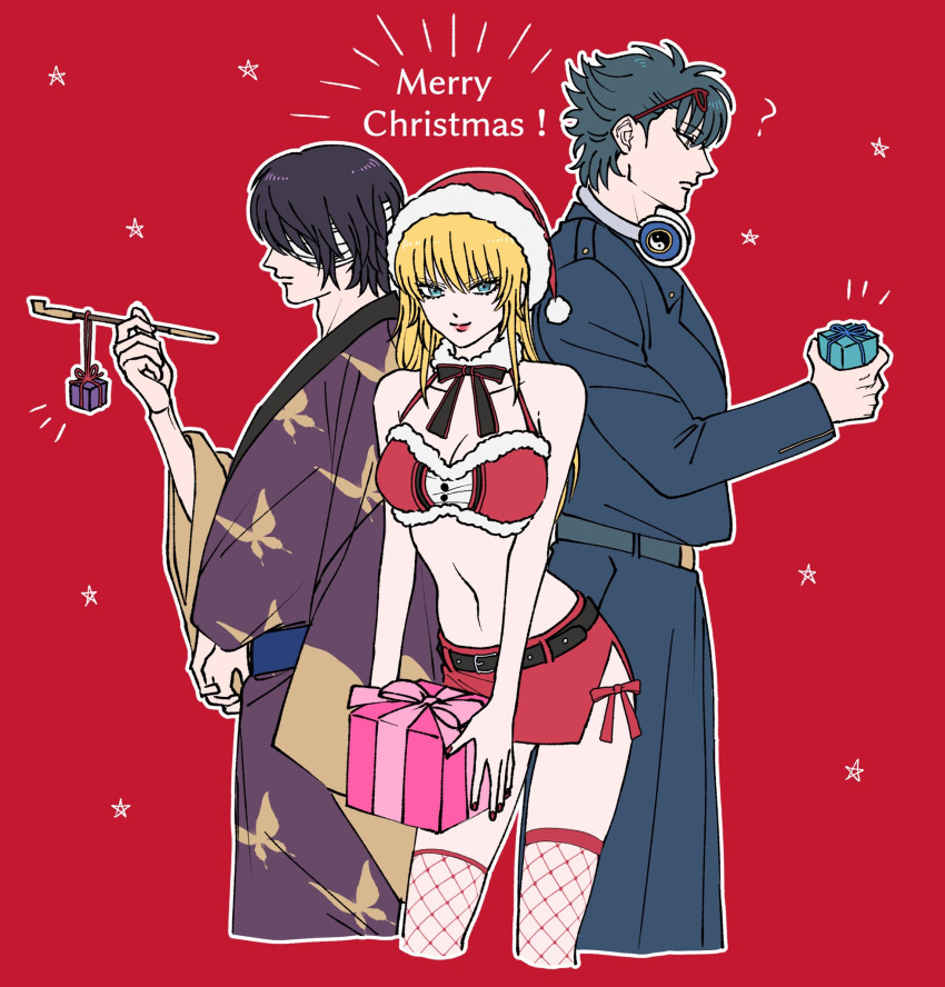 1girls 2boys alternate_costume bare_midriff blonde_hair blue_eyes bra chi_c_lov christmas christmas_outfit cleavage female fishnet_thighhighs fishnets fur_collar fur_trim gintama kawakami_bansai kijima_matako long_hair looking_at_viewer male miniskirt nail_polish neck_ribbon pale-skinned_female pale_skin red_background red_lipstick red_nails santa_hat side_slit smile takasugi_shinsuke thighhighs yin_yang