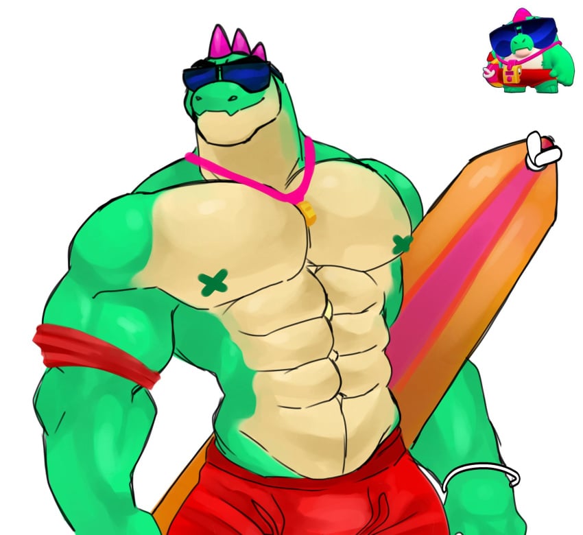 bara biceps brawl_stars bulge buzz_(brawl_stars) crocodilian furry gay ice_xhan male male_focus male_only muscular muscular_male nipples pecs scalie shorts toro_buull