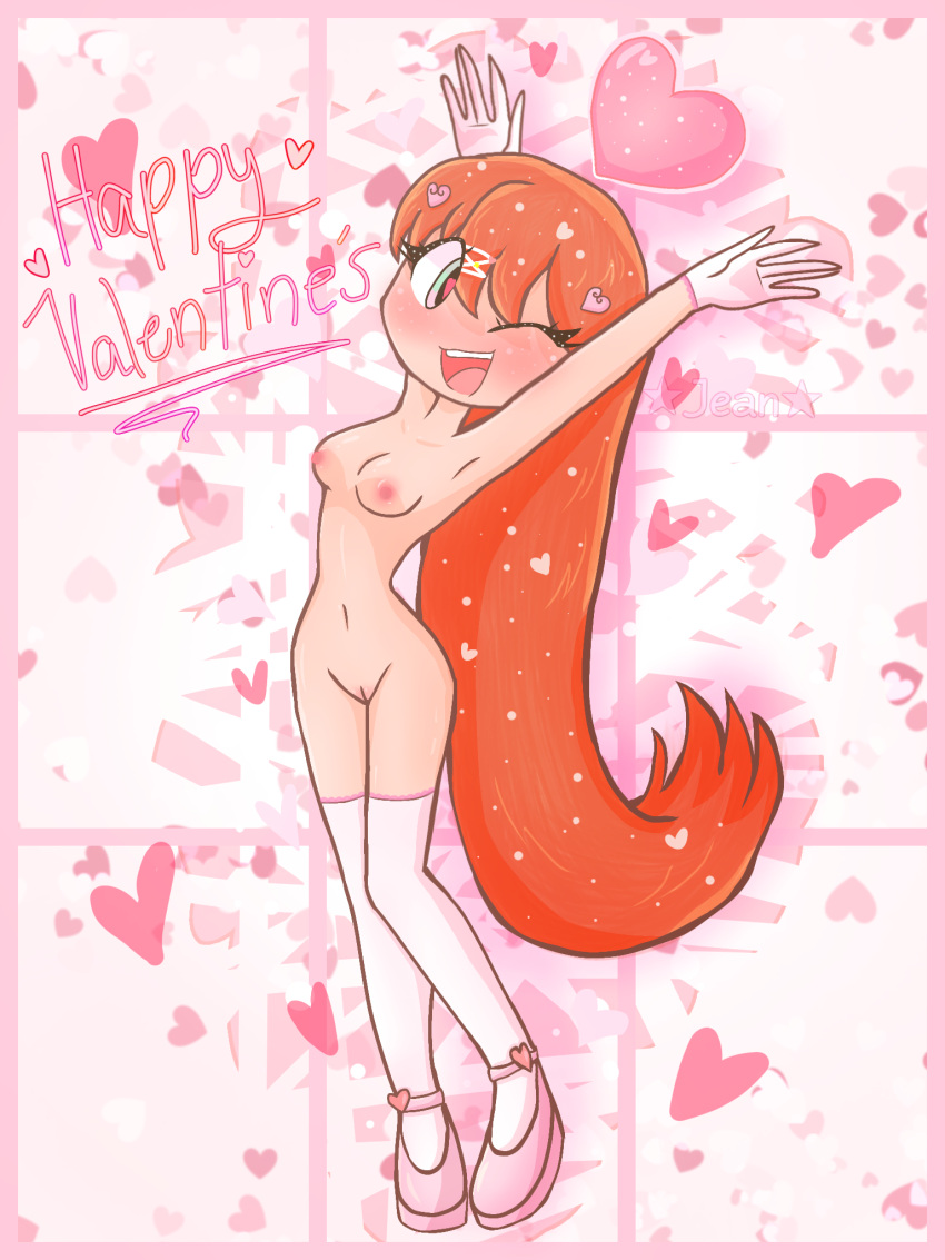 blush cute girly green_eyes heart heart_eyes hellojean long_hair love naked orange_hair pink pink_background pink_eyes pink_nipples self_upload smile uncensored valentine's_day