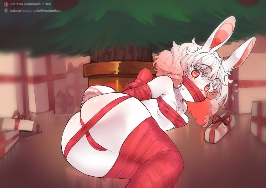 1girls anthro arms_tied_behind_back ass blush bunny_ears bunny_tail cameltoe christmas christmas_present christmas_tree female female_only gagged hi_res ima_(imabunbun) imabunbun lagomorph legs_tied looking_at_viewer lying lying_on_side medium_hair nipple_bulge nude nude_female on_side pink_highlights present_wrap red_eyes solo spiral_eyes white_body white_hair wraps