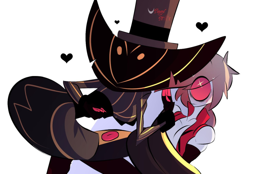 1boy1girl ass big_ass black_hearts blush cherri_bomb_(hazbin_hotel) female_sir_pentious_(hazbin_hotel) hat hazbin_hotel hearts male_cherri_bomb_(hazbin_hotel) red_sclera rule_63 sir_pentious_(hazbin_hotel) snake_girl tagme usagi_star white_skin x_pupil