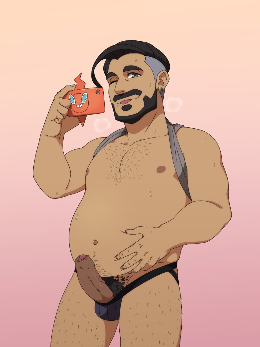 1boy ball_bulge beard body_hair boner chairman_rose erection facial_hair foreskin foreskin_folds green_eyes human intact jockstrap male male_nipples male_only male_pubic_hair manly mature_male mostly_nude_male mustache nintendo overweight partially_retracted_foreskin penis phone pokemon pokemon_ss rotom_phone salt_and_pepper_hair shirt_pulled_behind_neck smith_(ardp13) smithswhc solo sweaty tank_top tongue tongue_out uncut underwear veiny_penis wink