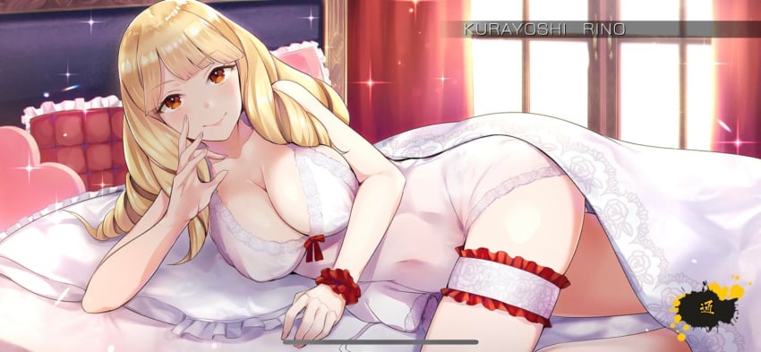 amber_eyes bedroom big_breasts blonde_hair brown_eyes cleavage curly_hair female female_only game_cg garter kengan_(series) kengan_ashura kengan_ashura_ultimate_battle kurayoshi_rino lace_trim lingerie long_hair looking_at_viewer negligee nightgown official_art on_bed on_side ringlets see-through_clothing smile solo video_games