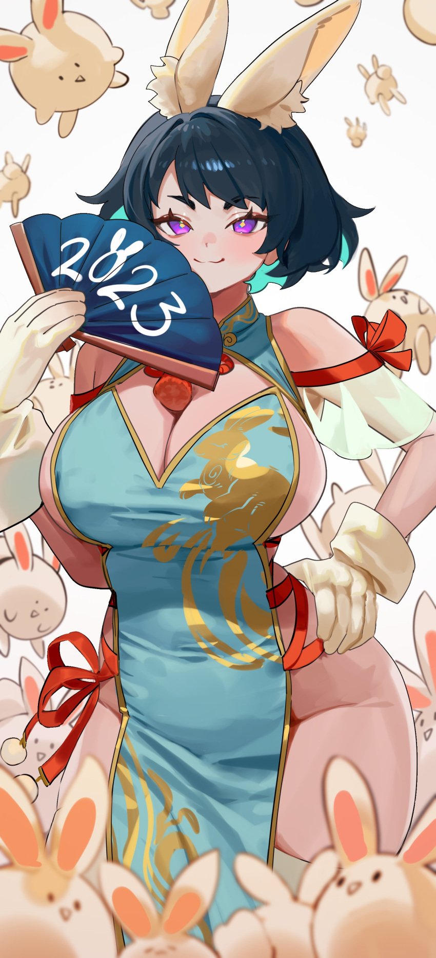 1girls 2023 :3 animal big_breasts blue_hair bunny_ears china_dress chinese_clothes cleavage cleavage_cutout dark_blue_hair dress enta_(nia) female female_only gloves hand_fan hand_on_hip looking_at_viewer medium_hair new_year nia_(nia4294) purple_eyes rabbit sideboob smiling smiling_at_viewer solo thighhighs very_high_resolution white_background year_of_the_rabbit