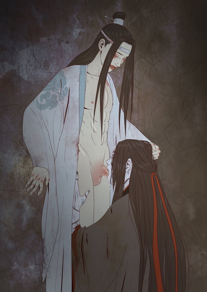 bishonen black_hanfu black_robe blowjob canon_couple clothed_sex clothing erection fully_clothed gay gay_sex grey_skin hanfu headband lan_wangji long_hair long_hair_male male_only mo_dao_zu_shi partially_clothed penis penis_in_mouth robe scars szaszkeh tan_skin testicles undead wei_wuxian white_hanfu white_robe yaoi