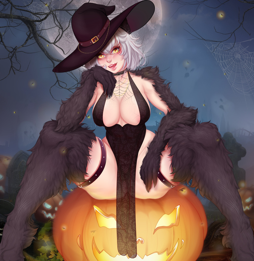 1girls 2022 black_fur choker dress female female_only fur halloween honey_badger inner_sideboob jack-o'-lantern leaning_on_elbow legband legs_apart licking_lips light-skinned_female light_skin liokko_mao looking_at_viewer medium_hair monster_girl original outdoors pumpkin sitting smiling smiling_at_viewer solo thick_thighs very_high_resolution voluptuous white_hair witch_hat yellow_eyes