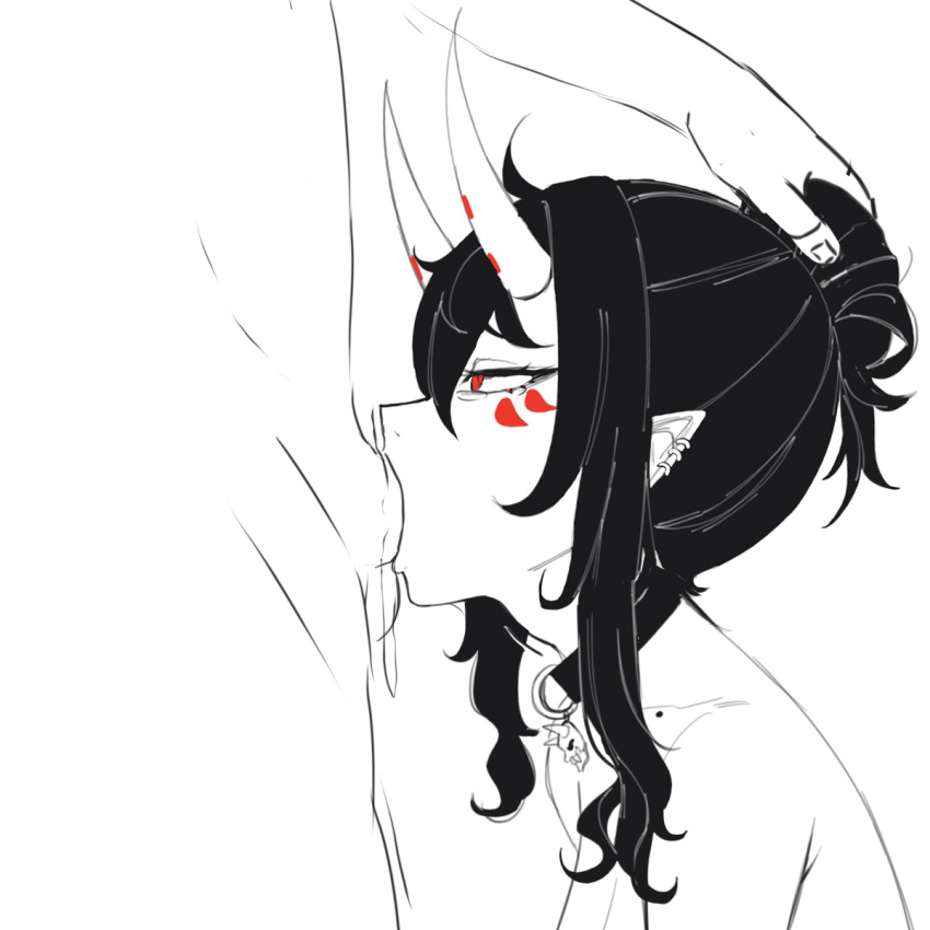 1boy ahoge all_the_way_to_the_base black_hair borrowed_character choker collar deep_throat deepthroat demon_girl demon_horns earrings erection expressionless facial_mark fellatio female from_side grabbing_another's_hair greyscale hair_between_eyes hair_bun hand_on_another's_head hand_on_head hands-free high_contrast highres horns irrumatio jewelry kneeling kuon_bb line_art long_hair messy_hair mole mole_on_collarbone monochrome multiple_earrings no_gag_reflex nude oni oni_horns open_mouth oral oral_sex original penis pointy_ears red_eyes simple_background single_hair_bun skull slit_pupils solo_focus tearing_up throat_bulge white_background