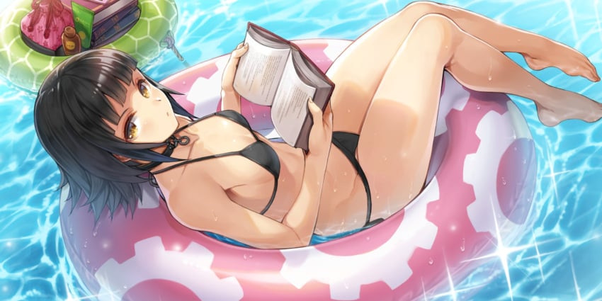 1girls bangs barefoot bikini black_bikini black_hair blunt_bangs book choker collar detailed_background feet female female_only game_cg goth goth_girl high-angle_view hiyama_shunka innertube kengan_(series) kengan_ashura kengan_ashura_ultimate_battle looking_at_viewer looking_back official_art pool reading reclining short_hair small_breasts solo spiky_hair swimsuit video_games wet_skin yellow_eyes