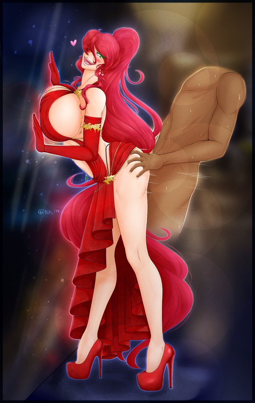 dark-skinned_male gloves green_eyes high_heels jewelry large_breasts long_legs partial_male ponytail pressed_on_glass pyrrha_nikos red_dress red_hair rwby unseen_male_face xlth xlthuathopec