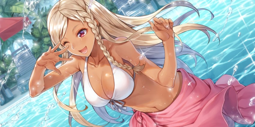 1girls big_breasts bikini blonde_hair braid cleavage detailed_background dutch_angle female female_only game_cg katahara_sayaka kengan_(series) kengan_ashura kengan_ashura_ultimate_battle long_hair official_art one_eye_closed open_mouth pool red_eyes sarong single_braid smile solo swimsuit tan_skin video_games wet_skin white_bikini