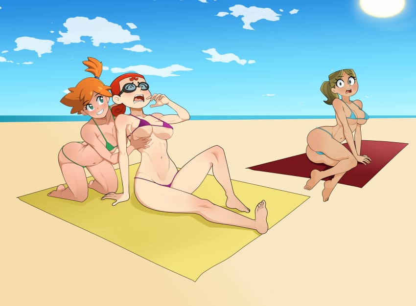 3girls anoneysnufftan applying_sunscreen beach bikini blonde_hair embarrassed evil_con_carne execution female female_only goggles heloise humiliation imminent_death jimmy_two-shoes kasumi_(pokemon) killer_lotion major_dr._ghastly massage murder ocean orange_hair peril pokemon punishment red_hair rubbing sand scared seaside sitting sky snuff summer sunbathing swimsuit towel waiting_for_turn