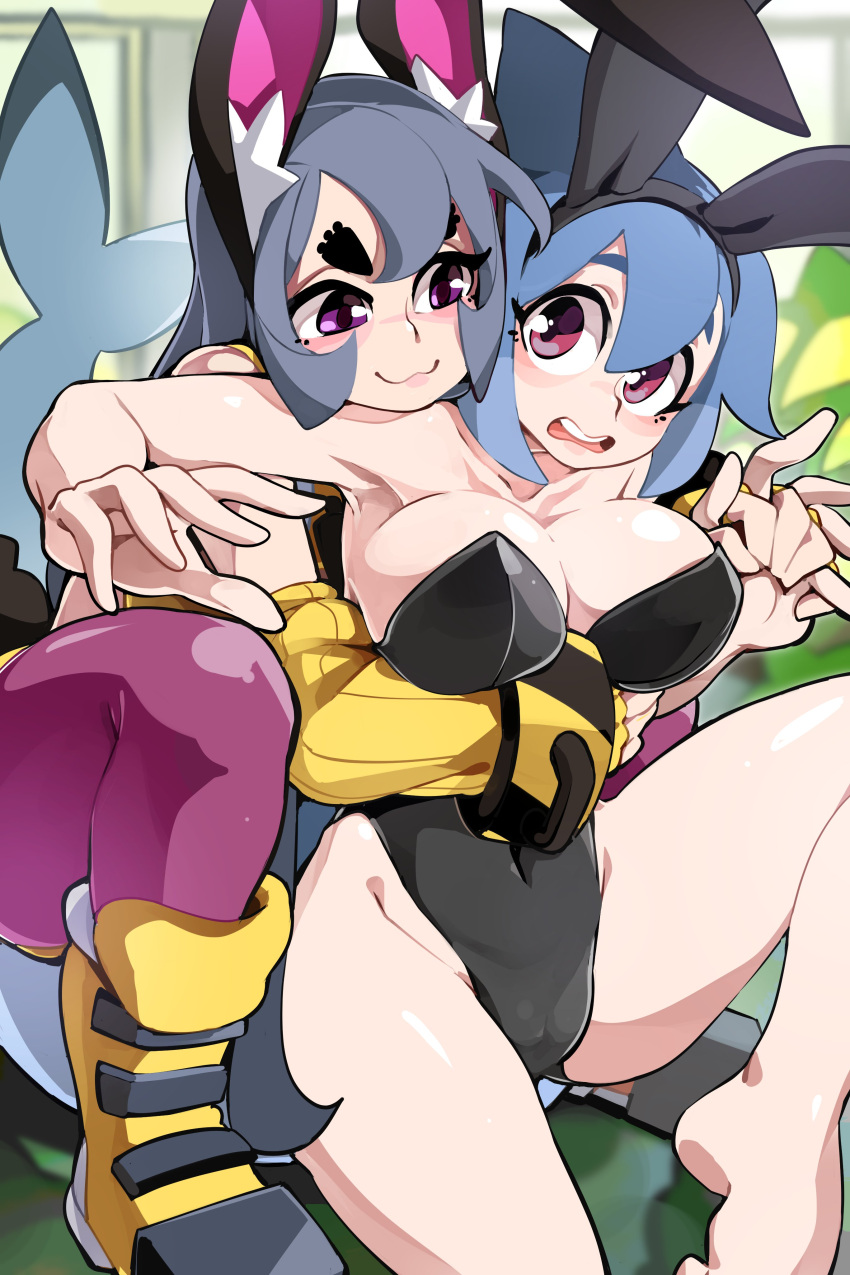 2girls :3 absurd_res blue_hair bongfillstudent boots breasts bunny_ears bunny_ears_(cosmetic) bunny_girl bunny_industry_(bongfillstudent) bunnysuit female female_only from_behind grabbing_from_behind grey_hair hugging_from_behind long_hair mako_(azuumori) pantyhose purple_eyes purple_pantyhose shark_girl shark_tail sleeves smiling smug surprised_expression tail tank_bunny_(bongfillstudent) thick_eyebrows