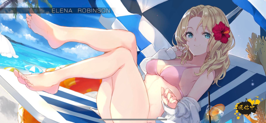 barefoot beach beach_umbrella bikini blonde_hair blue_eyes cleavage detailed_background dutch_angle elena_robinson feet feet_up female female_only flower_in_hair game_cg kengan_(series) kengan_ashura kengan_ashura_ultimate_battle looking_at_viewer medium_hair off_shoulder official_art open_shirt pink_bikini small_breasts smile solo swimsuit umbrella video_games wavy_hair