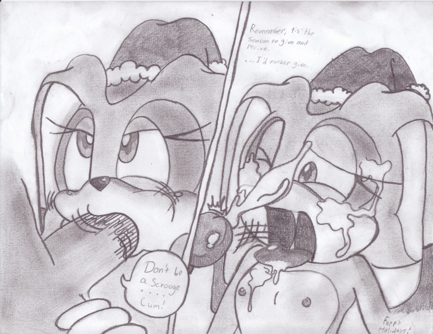 anthro big_head christmas comic cream_the_rabbit cum fellatio female flat_chest furry huge_eyes male monochrome mostly_nude nipples open_mouth penis rabbit santa_hat sonic_(series) straight tagme takumi toony