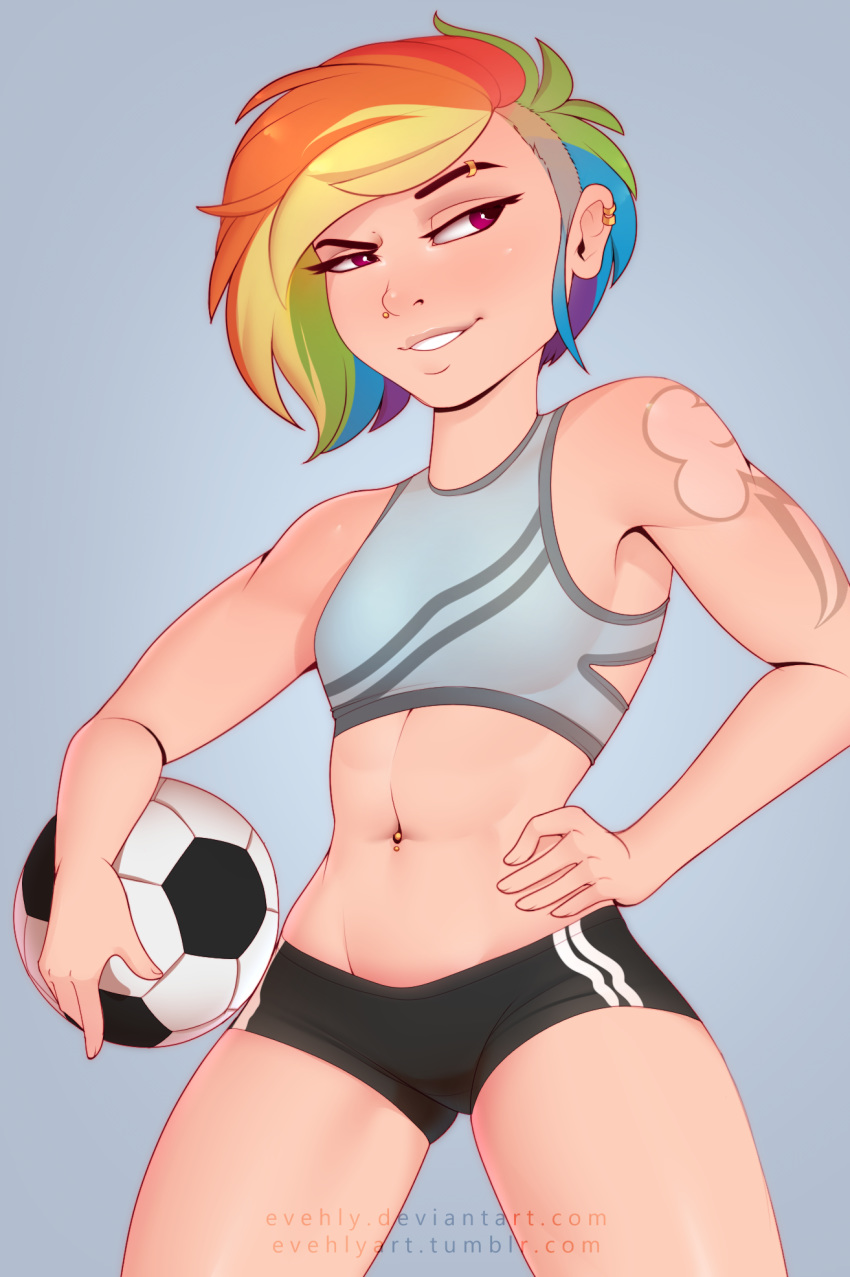 1girls belly_piercing ear_piercing evehly eyebrow_piercing female female_only friendship_is_magic fully_clothed hand_on_hip human humanized midriff my_little_pony nose_piercing piercing pinup rainbow_dash_(mlp) rainbow_hair shaved_side short_hair short_shorts smile smooth_skin soccer soccer_ball solo sport sports_bra sportswear tattoo toned