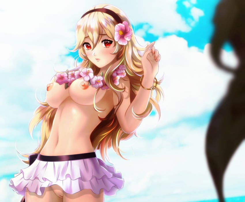 1girls alternate_costume bikini bikini_skirt blonde_hair breasts cleavage corrin_(fire_emblem) corrin_(fire_emblem)_(female) corrin_(summer)_(fire_emblem)_(female) esther-shen fire_emblem fire_emblem_fates fire_emblem_heroes flower_necklace frown long_hair medium_breasts midriff nintendo nipples official_alternate_costume pussy red_eyes solo swimsuit topless white_bikini white_swimsuit