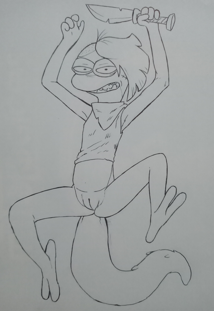 2022 absurd_res amphibia amphibian anthro bandanna_on_neck bottomless bottomless_female clothed clothing disney disney_channel disney_xd female hi_res holding_knife holding_object knife lying monochrome newt on_back perrox pussy ruth_hasselback salamander_(amphibian) side_shave solo traditional_media_(artwork)