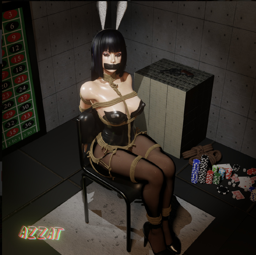 1girls 3d azzat bondage bunny_ears bunnysuit femsub happy_sub heart-shaped_pupils jabami_yumeko kakegurui rope_bondage tied_to_chair