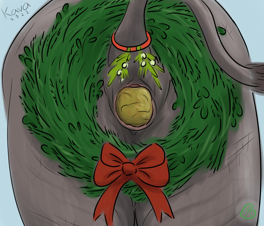 anus ass bow_ribbon butt_focus christmas_wreath elephant elephantid feces feral grey_body grey_skin hi_res kava_(artist) male male_only mammal mistletoe plant proboscidean scat shitting solo spread_anus spreading